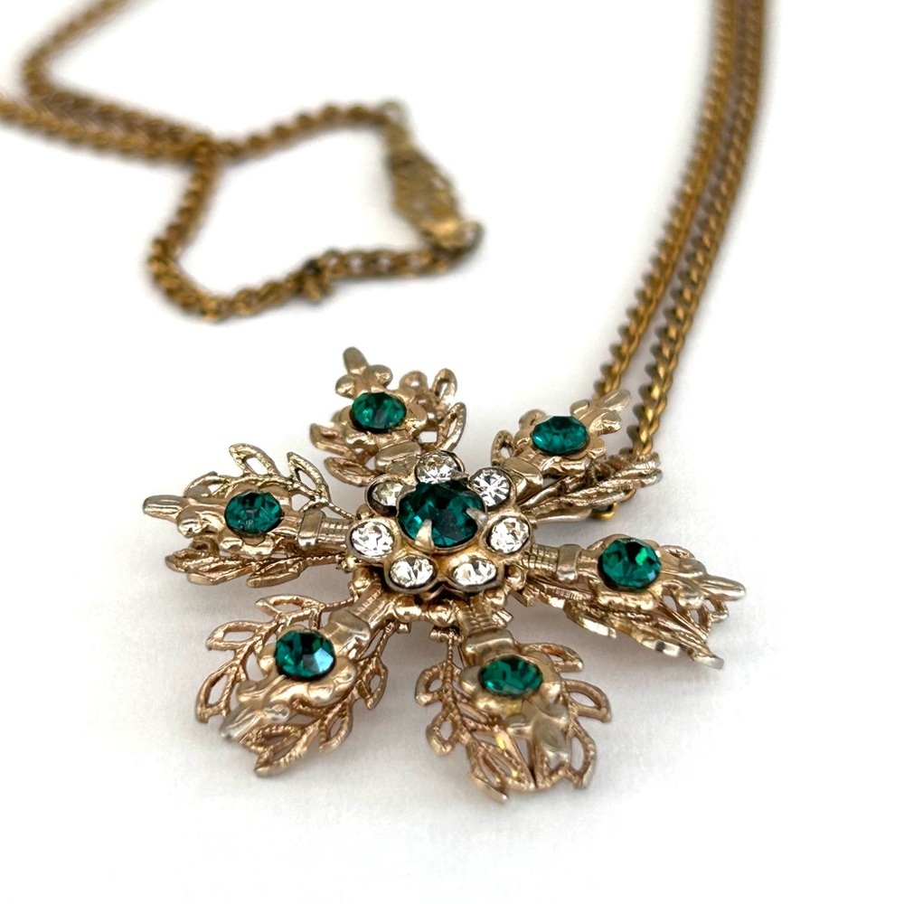 Vintage Gold Tone Green White Rhinestones Snowflake Necklace